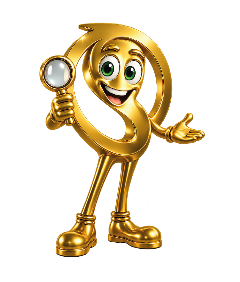 La mascotte di Compro Oro Sarni, una S dorata con la lente d’ingrandimento